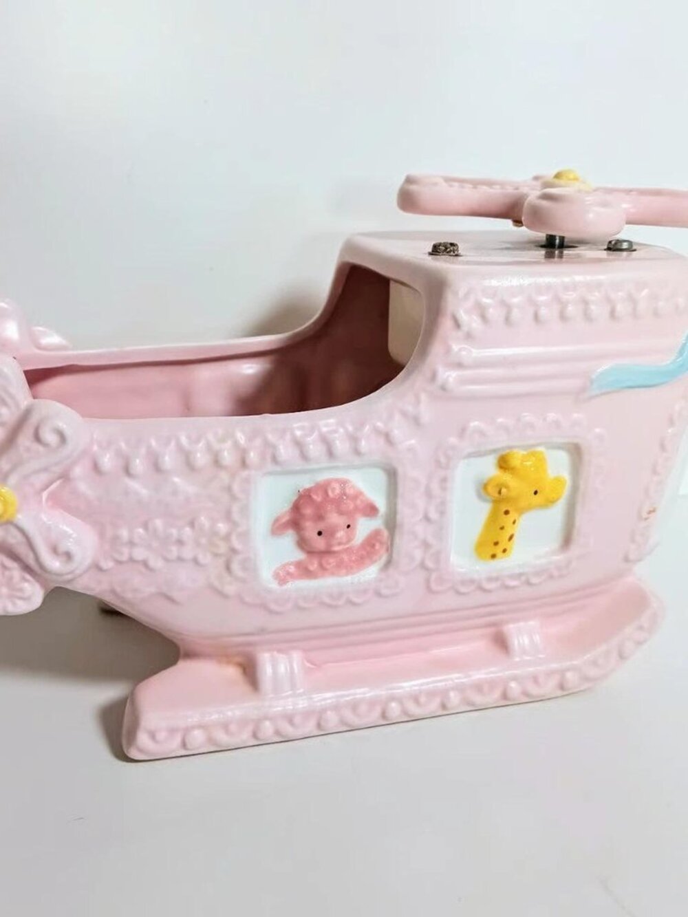 Vintage Pink Ceramic Napco Ware Helicopter Animal Planter Music Box Baby Nursery